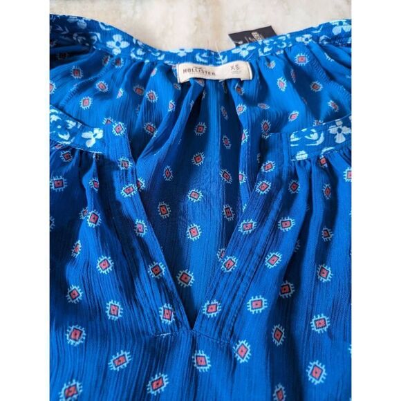 Hollister Women's Floral Boho V Neck Ruffled Short Sleeve Top Bright Blue XS New - Picture 12 of 13